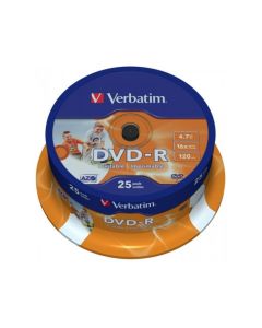 Pack de 25 DVD-R 4.7GB Verbatim 16x d?encre blanc imprimable Cakebox 43538